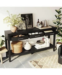 Rainsken 59" Farmhouse Entryway Table, with 3 Storage Drawers, Bottom Shelf and Iron Handles, for Living Room, Hallway, Kitchen, Bedroom
