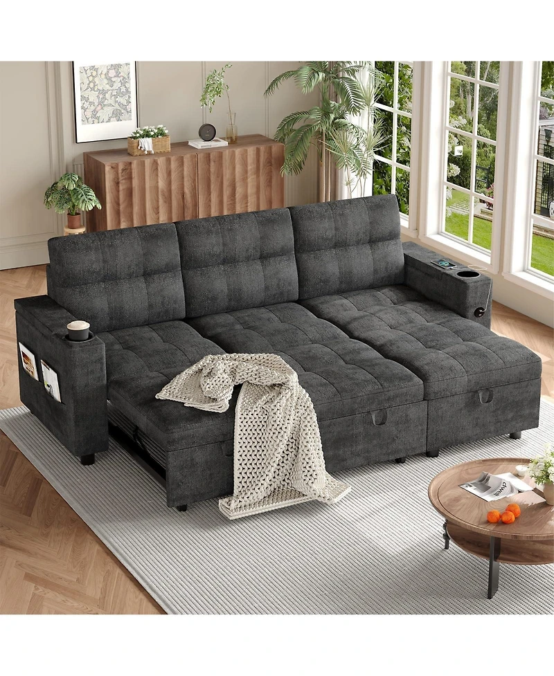 homfan Velvet Sectional Sofa Bed – Chaise Lounge Sleeper Couch with Usb Ports and Cup Holders for Living Room