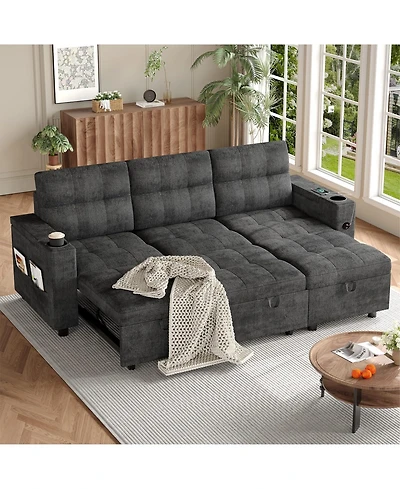 homfan Velvet Sectional Sofa Bed – Chaise Lounge Sleeper Couch with Usb Ports and Cup Holders for Living Room
