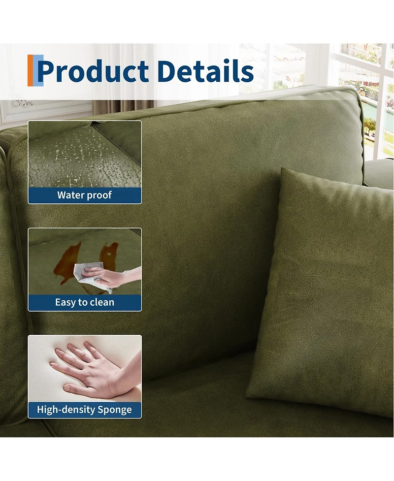 homfan 85 Inches 3-Seater Sofa with 2 Throw Pillows, Faux Leather Couch, Back Cushion, Support Feet for Living Room