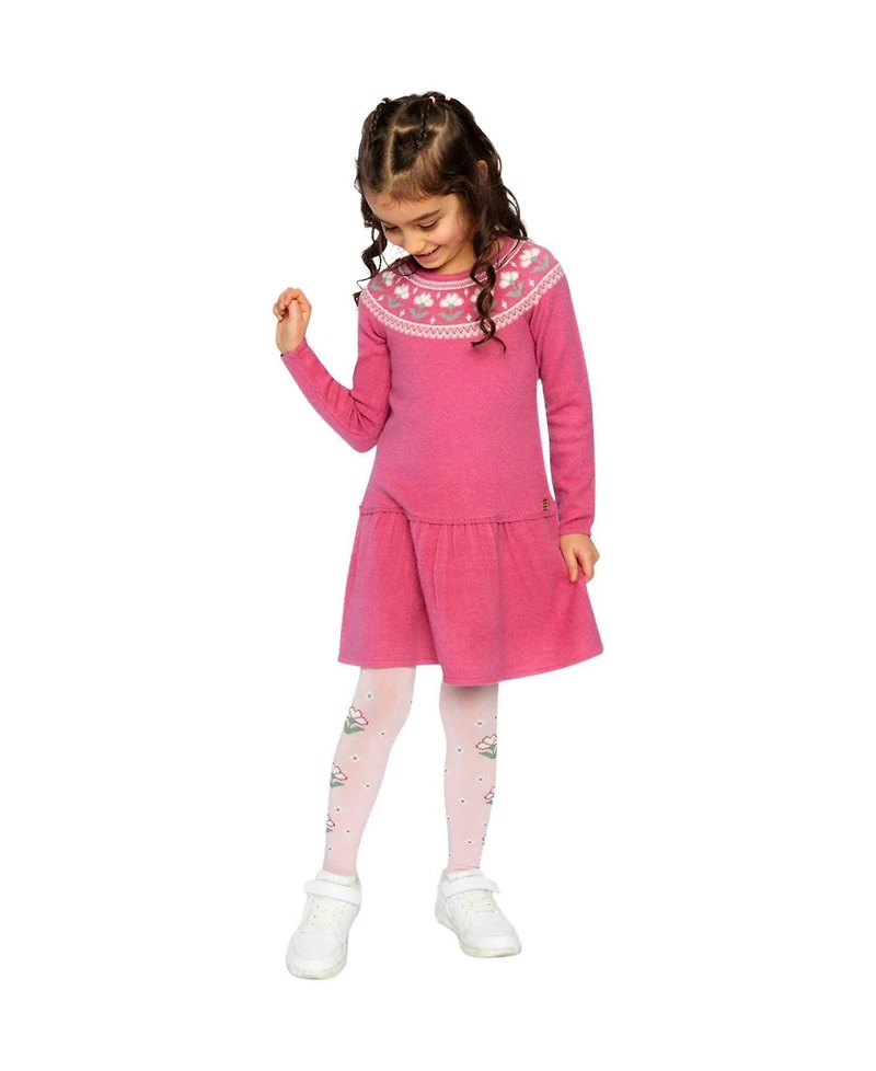 Deux par Deux Toddler Girls Knitted Dress with Flower Jacquard Raspberry