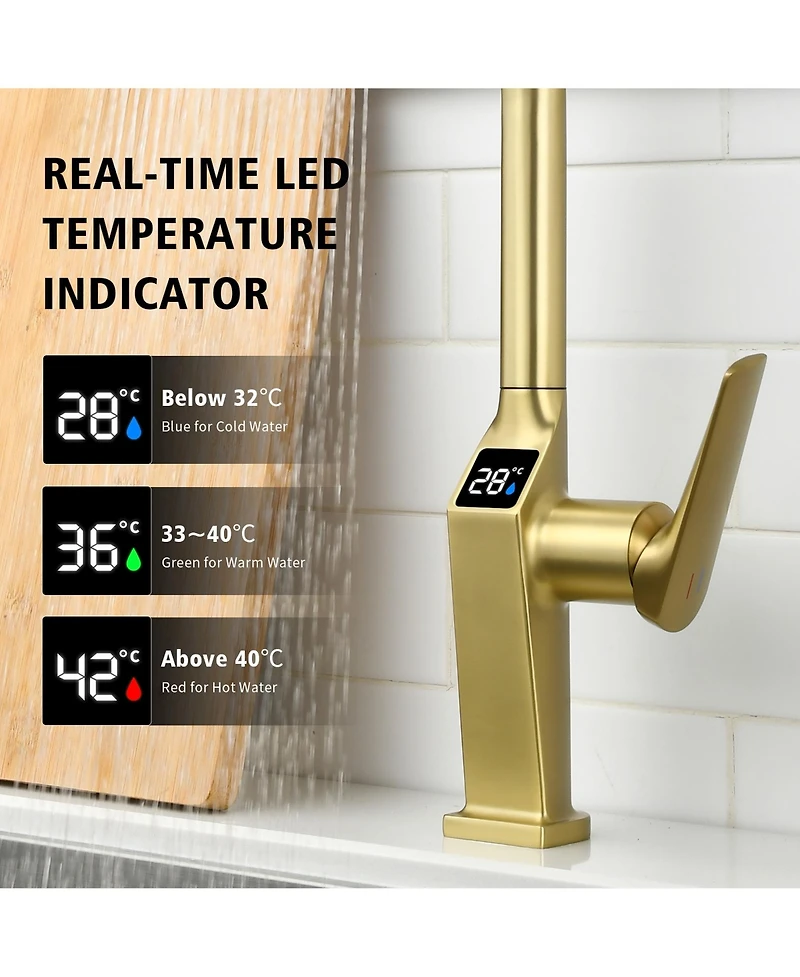 Midola Touchless Brushed Gold Kitchen Faucet with Led Display, Motion Sensor Sink Faucet with 3-Function Pull-Out Sprayer and 360degree