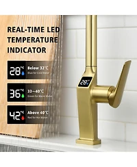 Midola Touchless Brushed Gold Kitchen Faucet with Led Display, Motion Sensor Sink Faucet with 3-Function Pull-Out Sprayer and 360degree