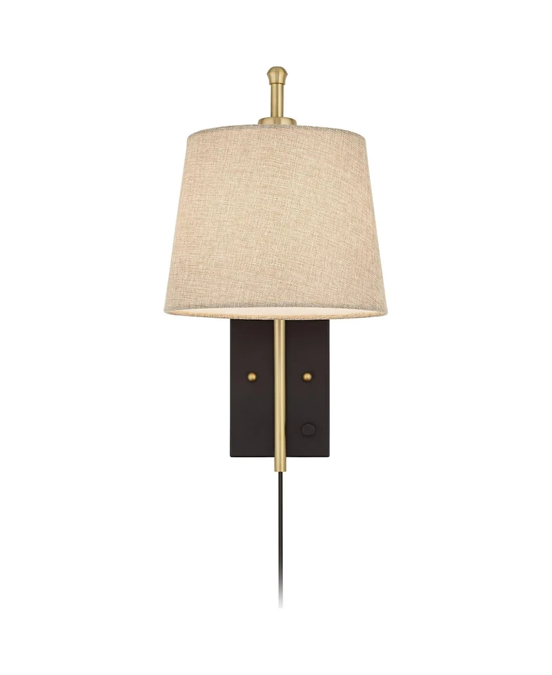 360 Lighting Chester Modern Swing Arm Wall Lamps Set of 2 Brass Plug-in Light Fixture Tan Drum Shade for Bedroom Bedside Living Room Reading