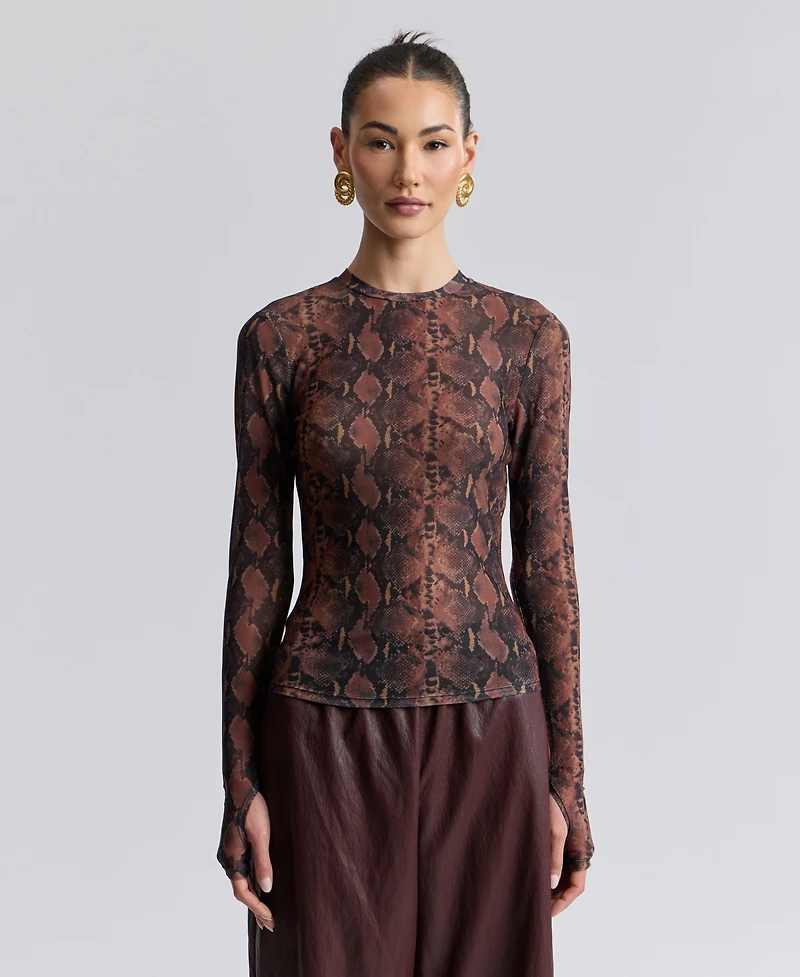 Avec Les Filles Women's Printed Long-Sleeve Mesh Top