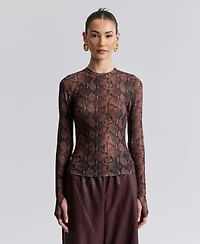 Avec Les Filles Women's Printed Long-Sleeve Mesh Top