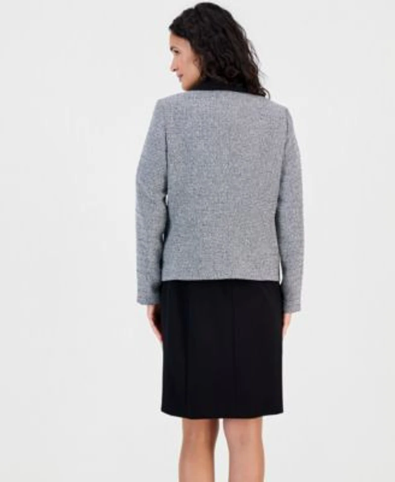 Kasper Womens Collared Tweed Combo Cardigan Tweed Trim Short Sleeve Sheath Dress