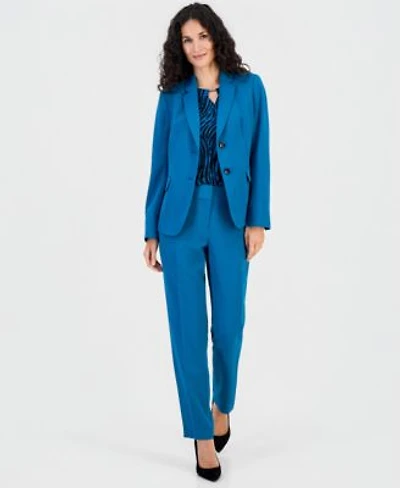 Kasper Womens Notched Collar Jacket Printed Diamond Neck Blouse Ava Straight Leg Pants