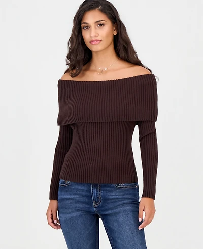 Madden Girl Juniors' Marilyn Striped Off-the-Shoulder Ribbed Pullover