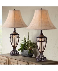 Franklin Iron Works Traditional Table Lamps 33" Tall Set of 2 with Nightlight Brushed Iron Urn Fabric Shade for Living Room Bedroom