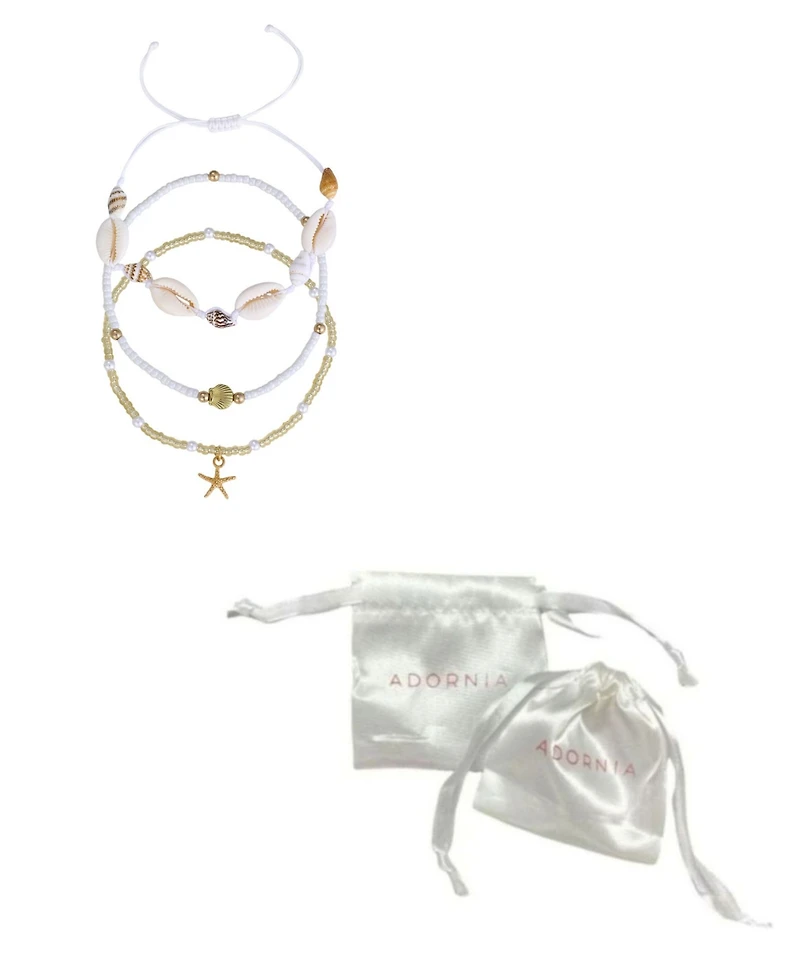 Adornia Set of 3 Shell and Bead Anklet Set