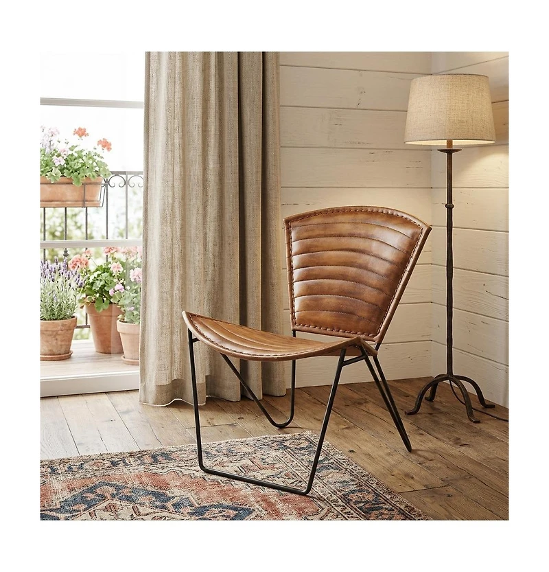 HomeRoots 23" Leather and Iron Striped Side Chair