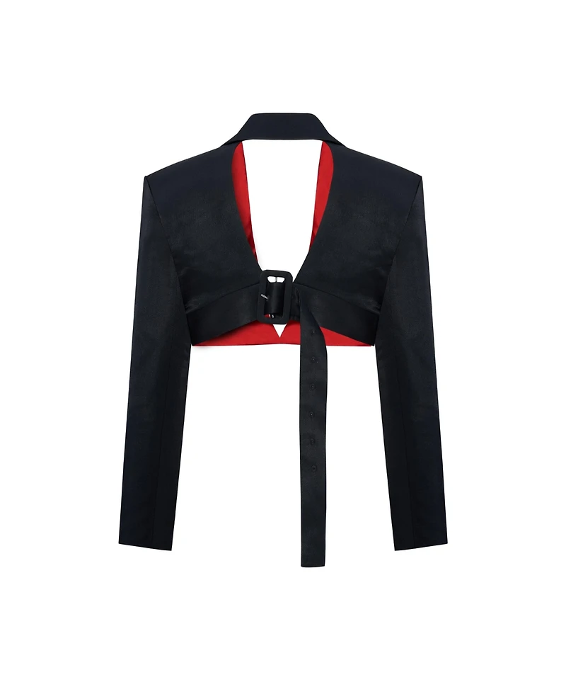 Pcfg Women's Linen-Blend Shiny Cropped Belted Woven Jacket