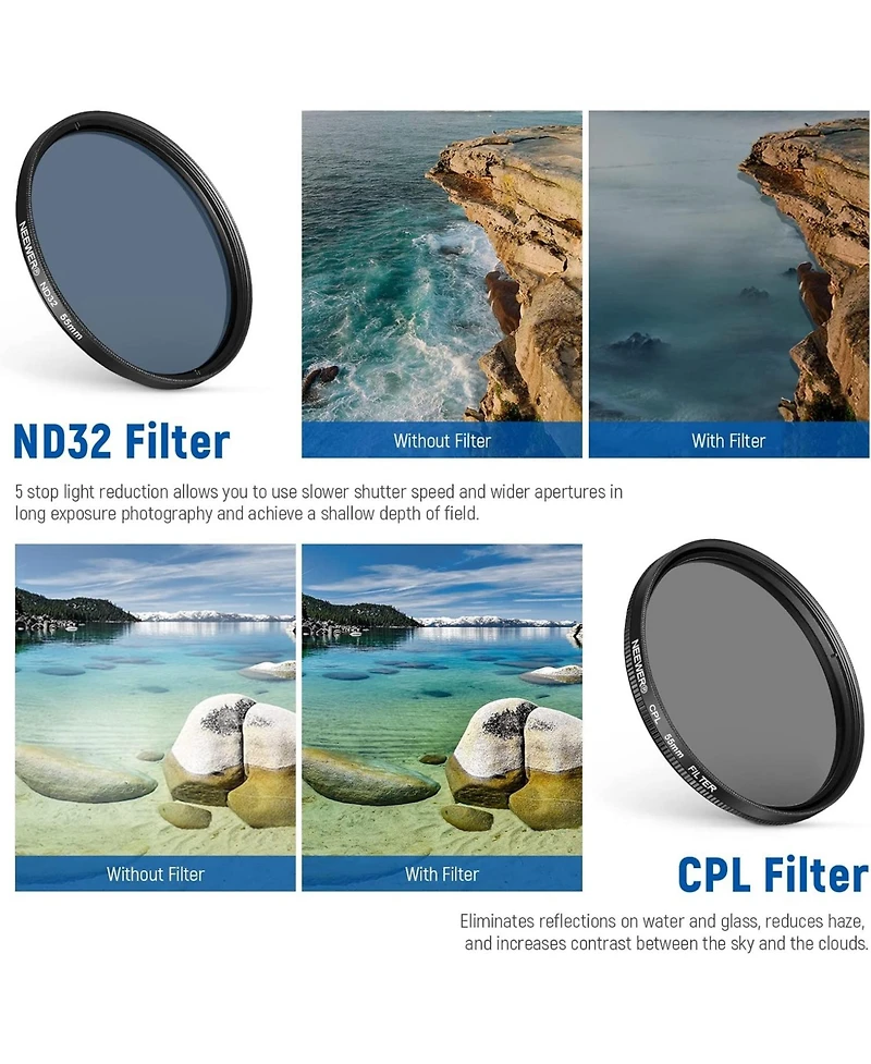 Neewer 55mm Nd/Cpl/Effect Filter Set with Mobile Phone Camera Lens Clamp Clip, Polarizing ND32 6 Point Star 4 Graduated Colour Filters Kit