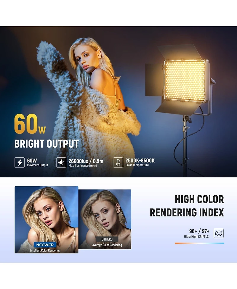 Neewer PL60B Led Video Light with 26600Lux, 2500K-8500K