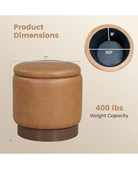 Slickblue Round Ottoman with Hidden Storage and Acacia Wood Frame for Living Room