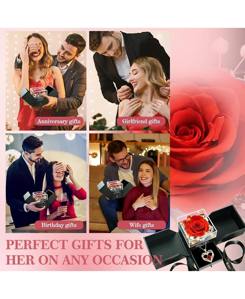 Lovery 5-Piece Preserved Rose with Led Lights, Double Heart Necklace and Acrylic Box Gift Set