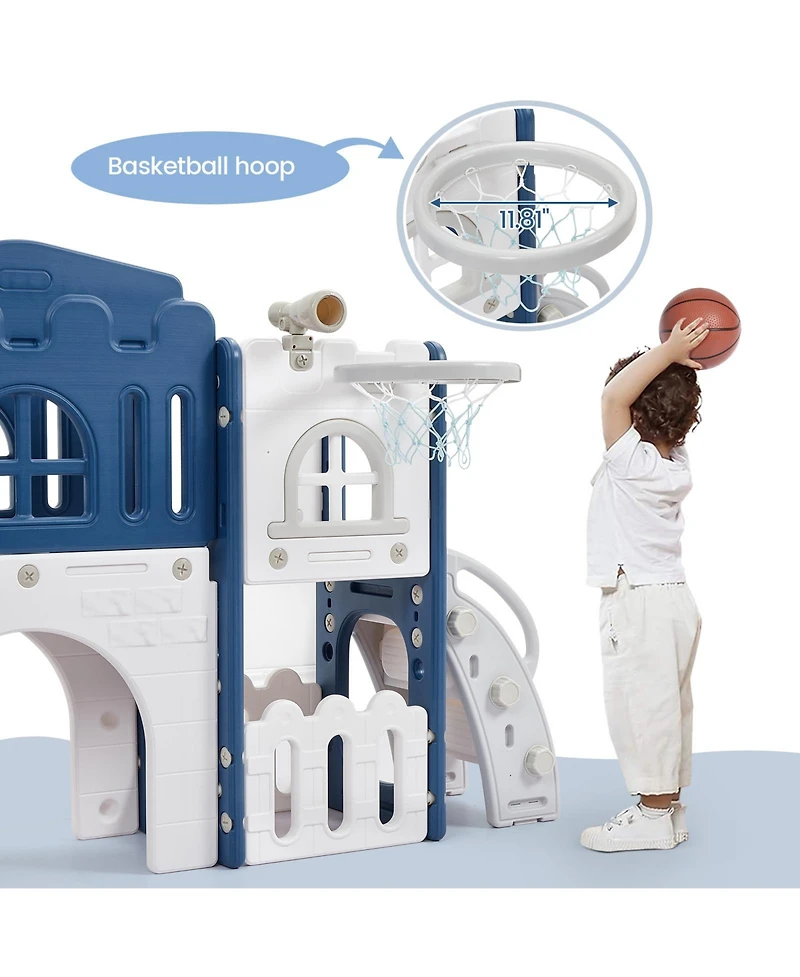 homfan 8-in-1 Toddler Playground with Slide, Indoor Outdoor Kids Playset Climber, Crawl Tunnel, Basketball Hoop and Storage for Ages 1-3