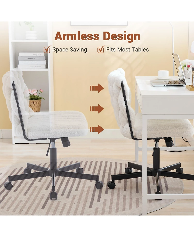 homfan Home Office Desk Chair with Wheels, Wide Seat Criss-Cross Armless Swivel Makeup Vanity Chair, Modern Cross-Legged Task Chair, Beige