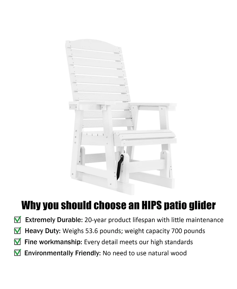 Mega Casa Poly Lumber Patio Glider for One Person, with Cup Holders, High Backrest and Deep Contoured Seat, Hips Material, All-Weather Resistant