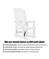 Mega Casa Poly Lumber Patio Glider for One Person, with Cup Holders, High Backrest and Deep Contoured Seat, Hips Material, All-Weather Resistant