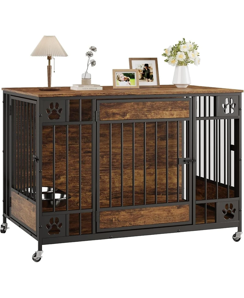 homfan 41 Dog Crate Furniture with Triple Doors and Feeder – Indoor Pet Kennel with 2 Bowls, Lockable Wheels, Bolt-Latch Doors