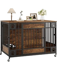 homfan 41 Dog Crate Furniture with Triple Doors and Feeder – Indoor Pet Kennel with 2 Bowls, Lockable Wheels, Bolt-Latch Doors