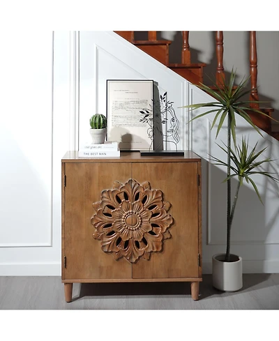 Flynama Rustic Hand-Carved Floral 2-Door Wooden Cabinet Bohemian Style Solid Wood Leg Storage Sideboard for Home Decor