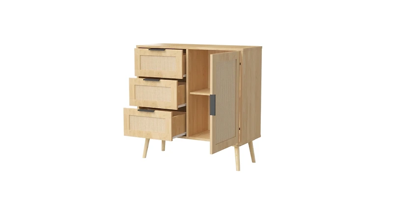 Flynama Modern Rattan Wood Dresser 3 Drawer Storage Cabinet with Adjustable Shelf Anti Tip