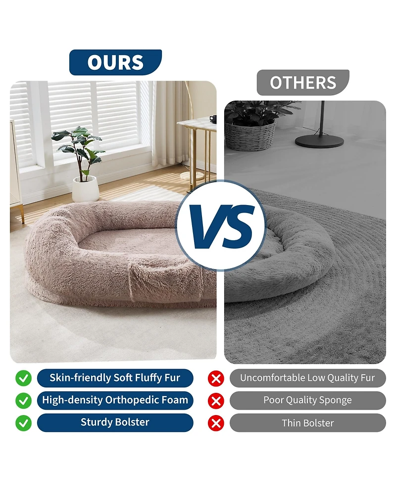 homfan Human and Pet Large Fluffy Faux Fur Bean Bag Bed Orthopedic Foam Mattress, Side Pockets, Portable Handle and Strap