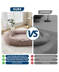 homfan Human and Pet Large Fluffy Faux Fur Bean Bag Bed Orthopedic Foam Mattress, Side Pockets, Portable Handle and Strap
