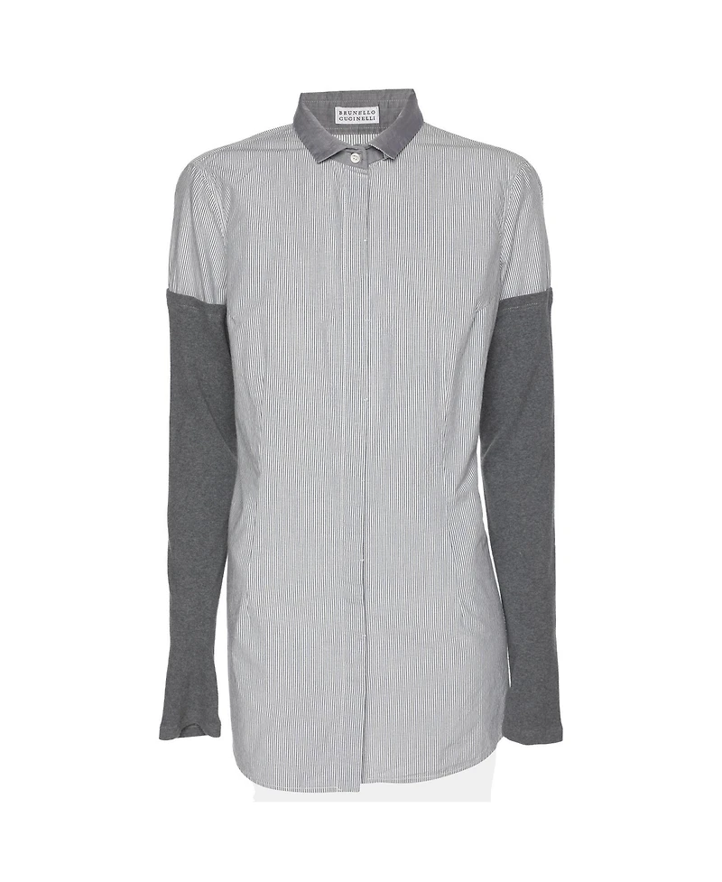 Pre-Owned Brunello Cucinelli Women's Pinstripe Cotton Shirt with Cashmere Sleeves