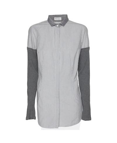 Pre-Owned Brunello Cucinelli Women's Pinstripe Cotton Shirt with Cashmere Sleeves