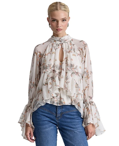 Avec Les Filles Women's Floral High-Neck Puff-Sleeve Top