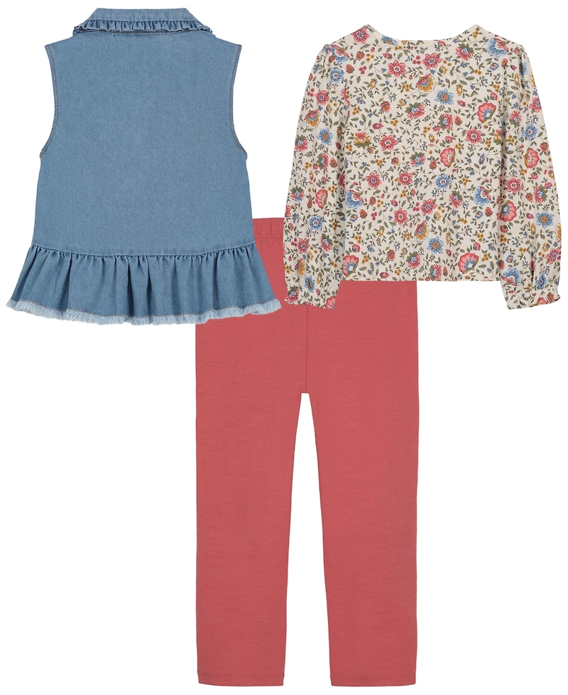 Kids Headquarters Toddler Girls' 2T-4T Denim Vest, Long-Sleeve Top and Leggings, 3-Piece Set