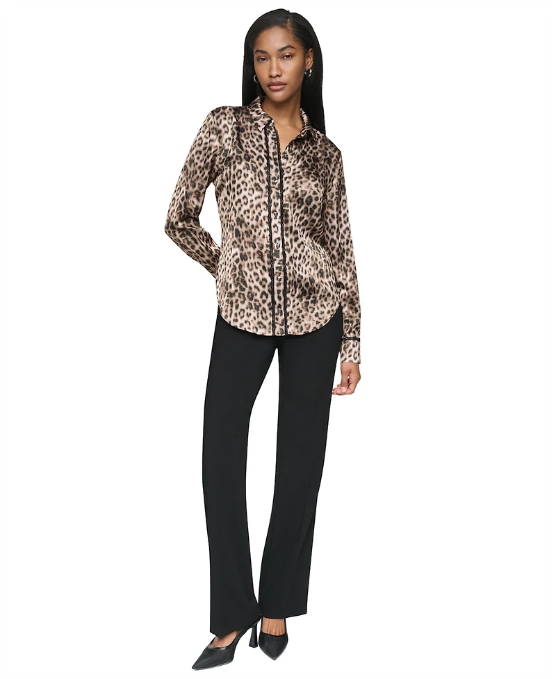 Dkny Petite Printed Satin Long-Sleeve Collared Top