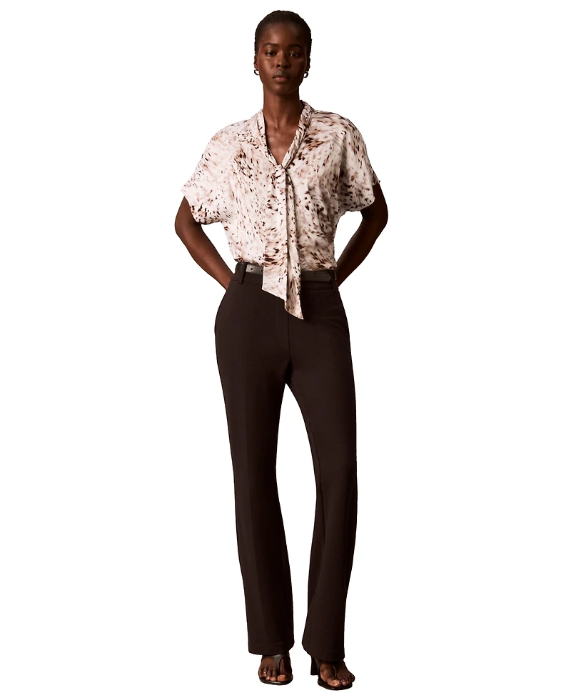 Calvin Klein Women's Printed Flat Satin Tie-Neck Blouse