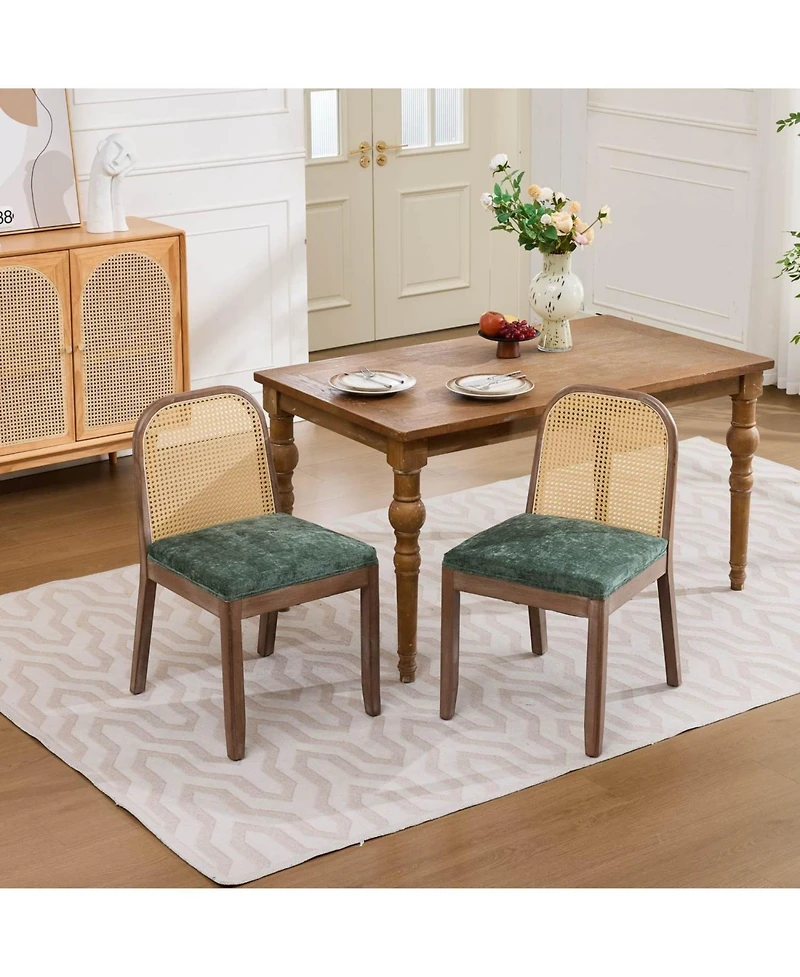 Rainsken Curved Arched Cane Back Dining Chairs Set of 2, Chenille Cushion, Solid Wood Frame, for Living Room