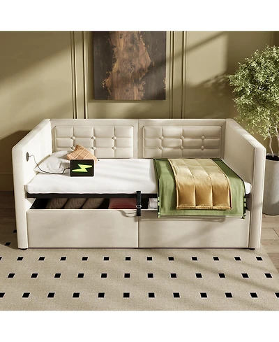 Rainsken Velvet Upholstered Daybed, Hydraulic Storage Twin Bed Frame with Usb and Type-c Charging, Wooden Slats and Tufted Back for Living Room