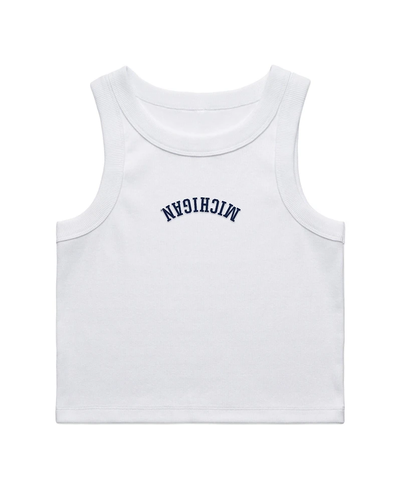 Uscape Apparel Women's White Michigan Wolverines Upside Down Embroidery Ribbed Cropped Tank Top
