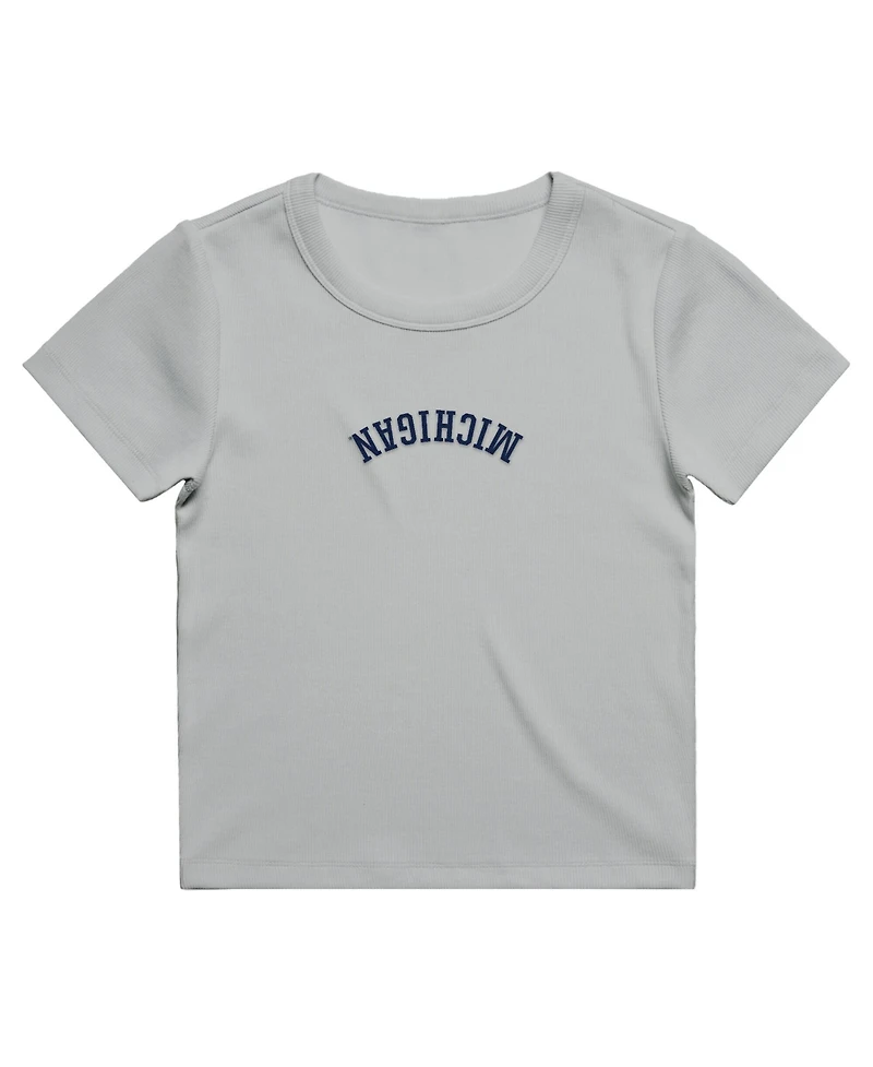 Uscape Apparel Women's Gray Michigan Wolverines Upside Down Embroidery Ribbed Cropped T-Shirt