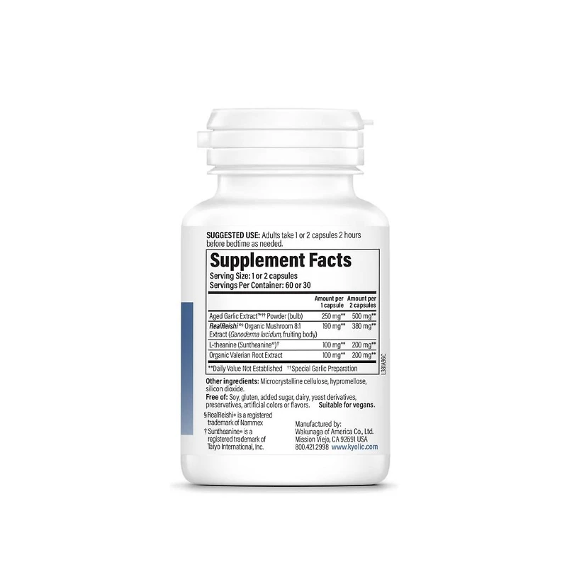 Kyolic Sleep Mushrooms Supplement Reishi, L-Theanine, Valerian Root and Aged Garlic Extract for Restful Sleep 60 Capsules
