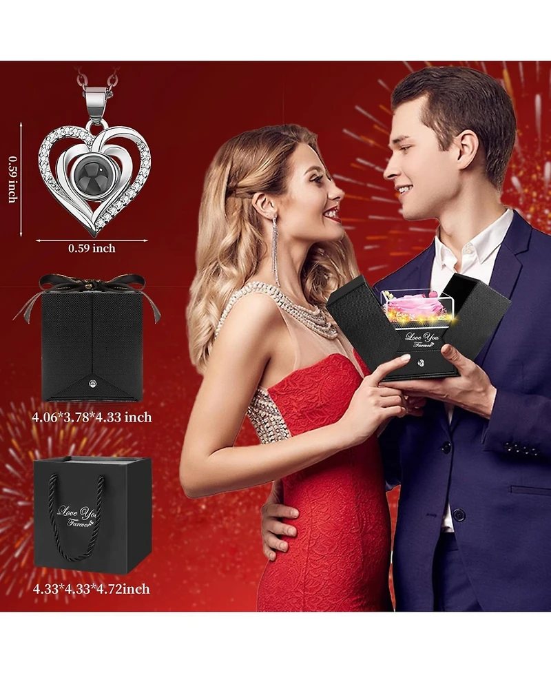 Lovery 5-Piece Preserved Rose with Led Lights, Heart Necklace and Acrylic Box Gift Set