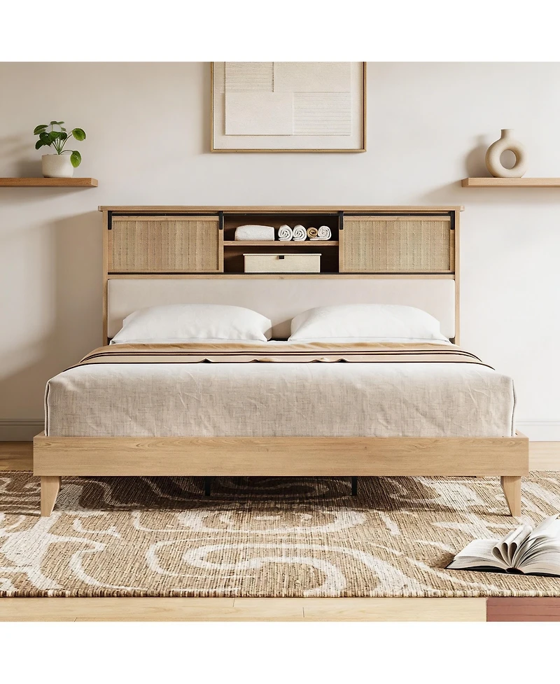 homfan King Size Oak and Rubber Wood Rattan Platform Bed, Noise-Free Pine Slat Support Bed Frame, Tool-Free Quick Assembly Bedroom Bed