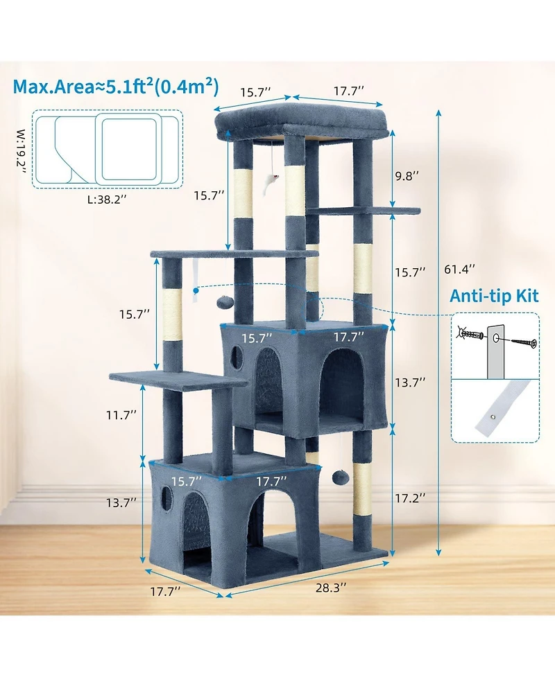 homfan 61'' Cat Tree for Large Cats, Heavy-Duty Tower with Perch and 2 Condos, Multi-Level Furniture Maine Coon, Sisal Scratching Posts & Toys