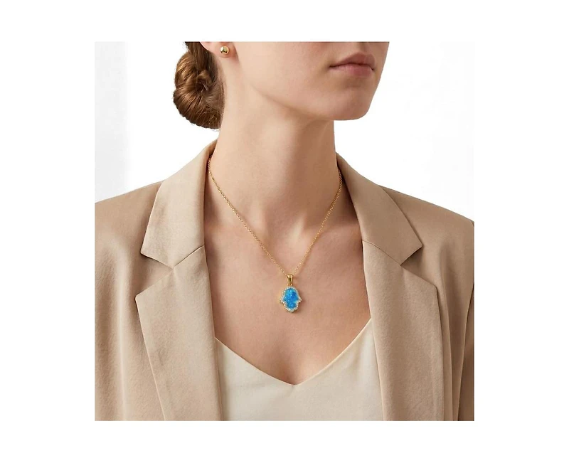 Rachel Glauber 14K Gold Plated Sparkling Hamsa Opal and Cz Halo Necklace