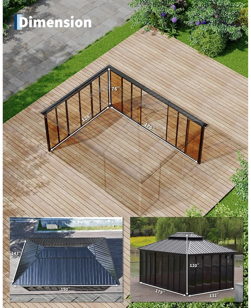 homfan 12 x 16 Ft Metal Roof Gazebo House with Aluminum Alloy and Steel Frame and Acrylic Panels for Backyard, Patio