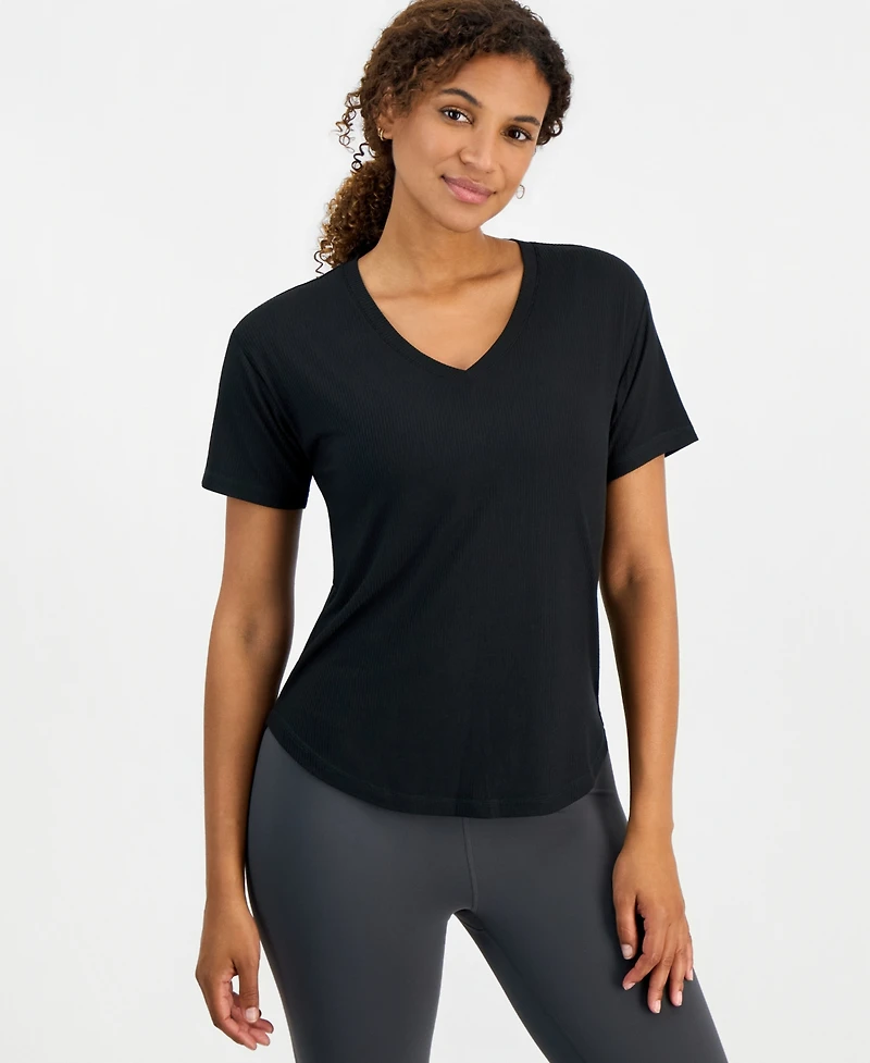 Id Ideology Women's Ribbed Relaxed-Fit V-Neck Tee, Macy's Exclusive