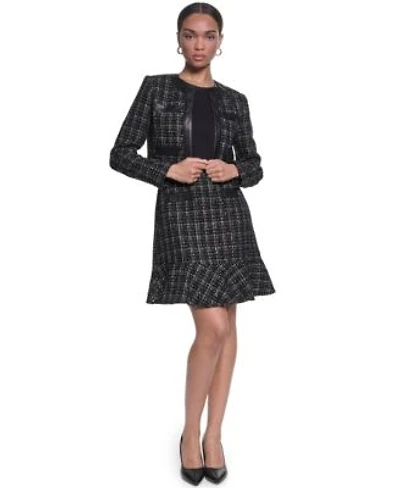 Karl Lagerfeld Paris Womens Mixed Media Sleeveless Sheath Dress Metallic Tweed Jacket With Faux Leather Trim
