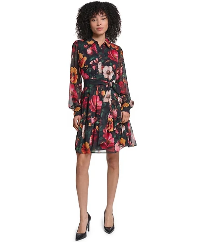 Karl Lagerfeld Paris Women's Printed Grid Chiffon Shirtdress